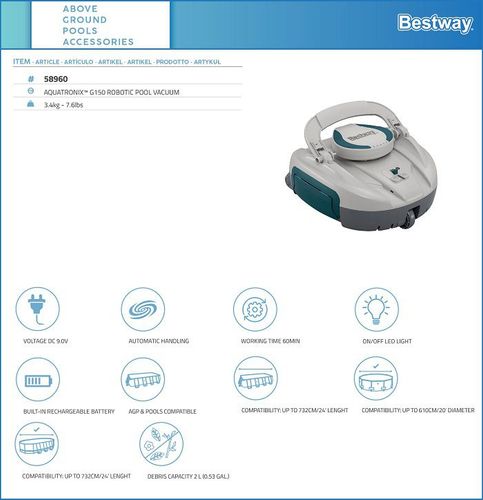 רובוט ניקוי אלחוטי נטען לבריכה BESTWAY Aquatronix G150 דגם 58960 - פרטי המוצר