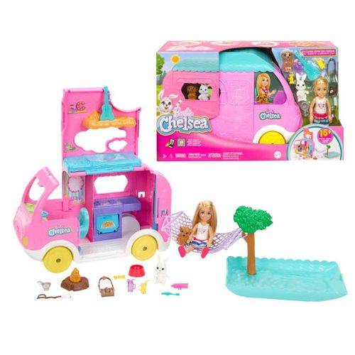 ברבי 2 ב 1 קרוואן    Barbie Chelsea 2-in-1 Camper Playset With Chelsea Small Doll, 2 Pets & 15 Accessories