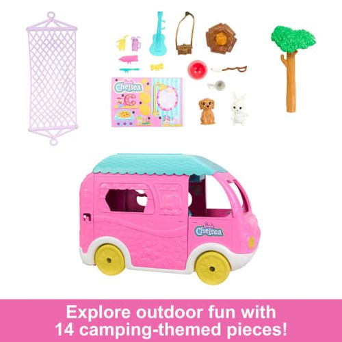 ברבי 2 ב 1 קרוואן    Barbie Chelsea 2-in-1 Camper Playset With Chelsea Small Doll, 2 Pets & 15 Accessories