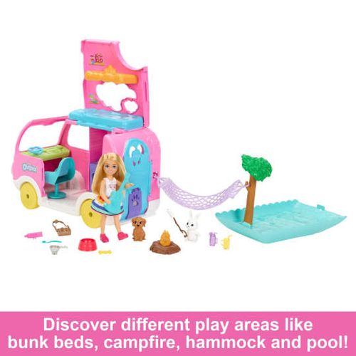 ברבי 2 ב 1 קרוואן    Barbie Chelsea 2-in-1 Camper Playset With Chelsea Small Doll, 2 Pets & 15 Accessories