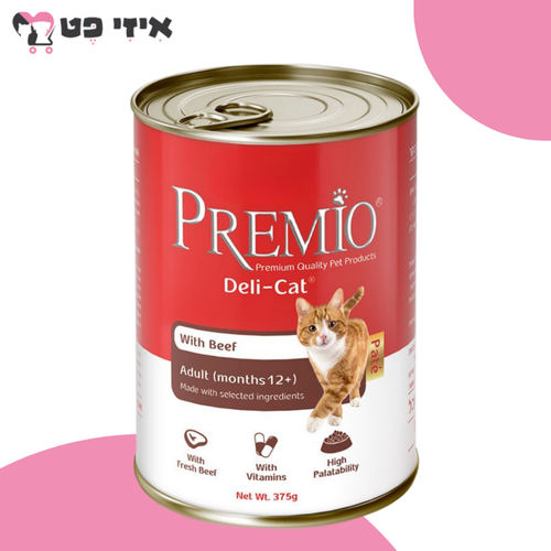 שימור פרמיו דליקט משלים פטה בקר לחתול בוגר 375 גרם PREMIO