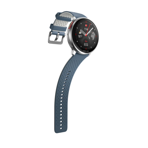 שעון מולטי־ספורט Polar Vantage V3 בצבע כחול־כסף עם רצועה פתוחה ותצוגת אק״ג