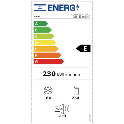 מקרר No Frost מקפיא עליון 338 ליטר Midea דגם MDRT489MTL46D