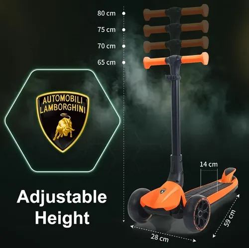קורקינט למבורגיני מתקפל כתום - KICK AND ROLL Lamborghini Children's Scooter ORANGE Flashing Wheels Foldable Push