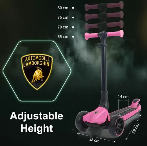 קורקינט למבורגיני מתקפל ורוד - KICK AND ROLL Lamborghini Children's Scooter PINK Flashing Wheels Foldable Push