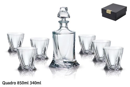 סט 6 כוסות ויסקי 340ml ודקאנטר 850ml קריסטל בוהמיה Quadro