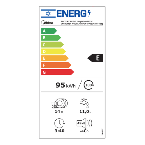 מדיח כלים רחב 14 מערכות כלים שחור חברת Midea דגם WQP14-W7633C-B