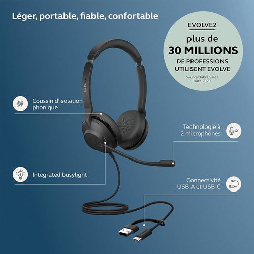 אוזניות חוטיות Jabra Evolve2 30 SE, USB C/A, MS Stereo