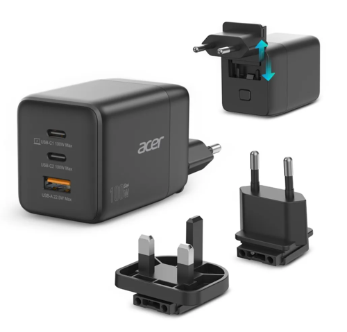 מטען למחשב נייד GAN 100W Acer עם 2 יציאות TYPE C ו 1 USB ושקעים נשלפים 
