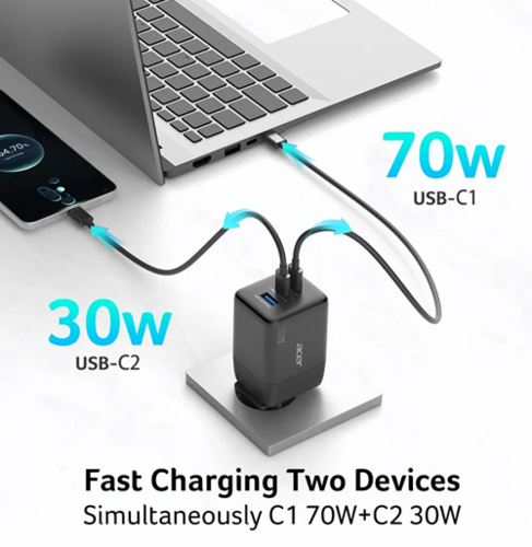 מטען למחשב נייד GAN 100W Acer עם 2 יציאות TYPE C ו 1 USB ושקעים נשלפים 