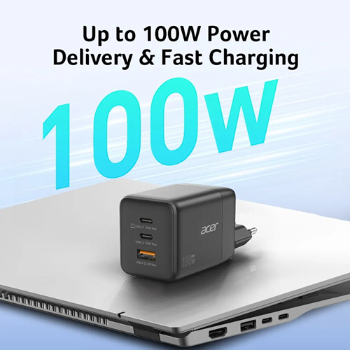מטען למחשב נייד GAN 100W Acer עם 2 יציאות TYPE C ו 1 USB ושקעים נשלפים 