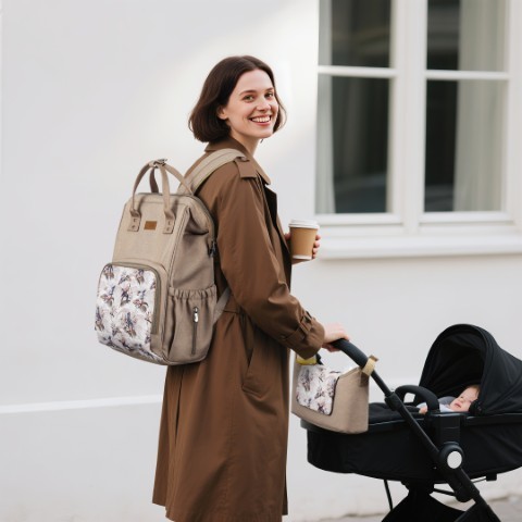 תיק גב החתלה לעגלה Baby Boss דגם Comfort Style בצבע חול טרופי עם הדפס ציפורים