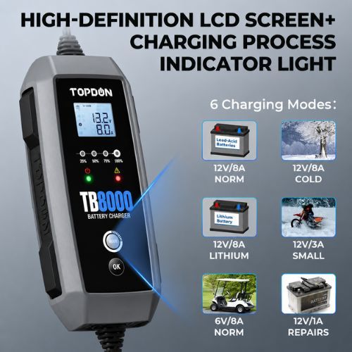 מטען מצברים מקצועי TOPDON TB8000 עם תקן IP65 ותיק נשיאה.
