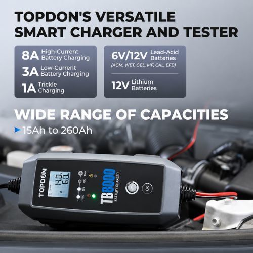מטען מצברים 8A TOPDON TB8000 עם מצב Repair לשיקום מצברים.