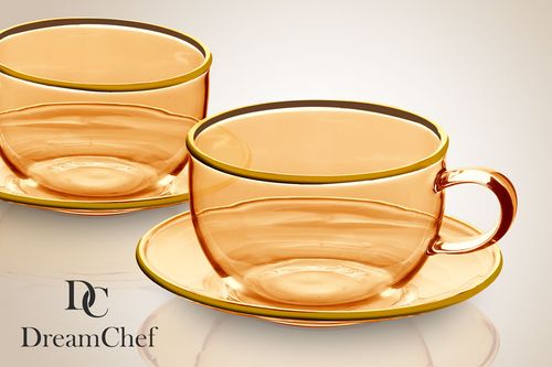 זוג ספלי קפה DreamChef זכוכית אמבר פס זהב + תחתית זכוכית