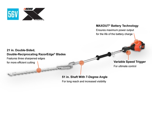 מגזמת גובה מקצועית ECHO DSHC-2600 56V עם טכנולוגיית MAXOUT®, להב דו-צדדי RazorEdge® באורך 53.34 ס