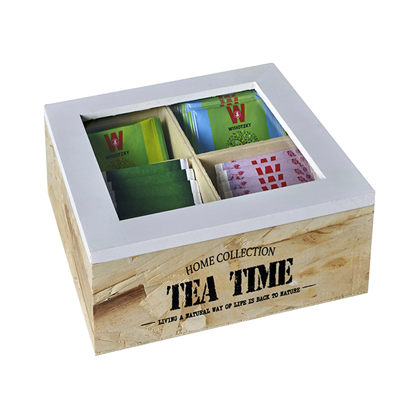 קופסא לתה עץ טבעי | 4 תאים "TEA TIME"
