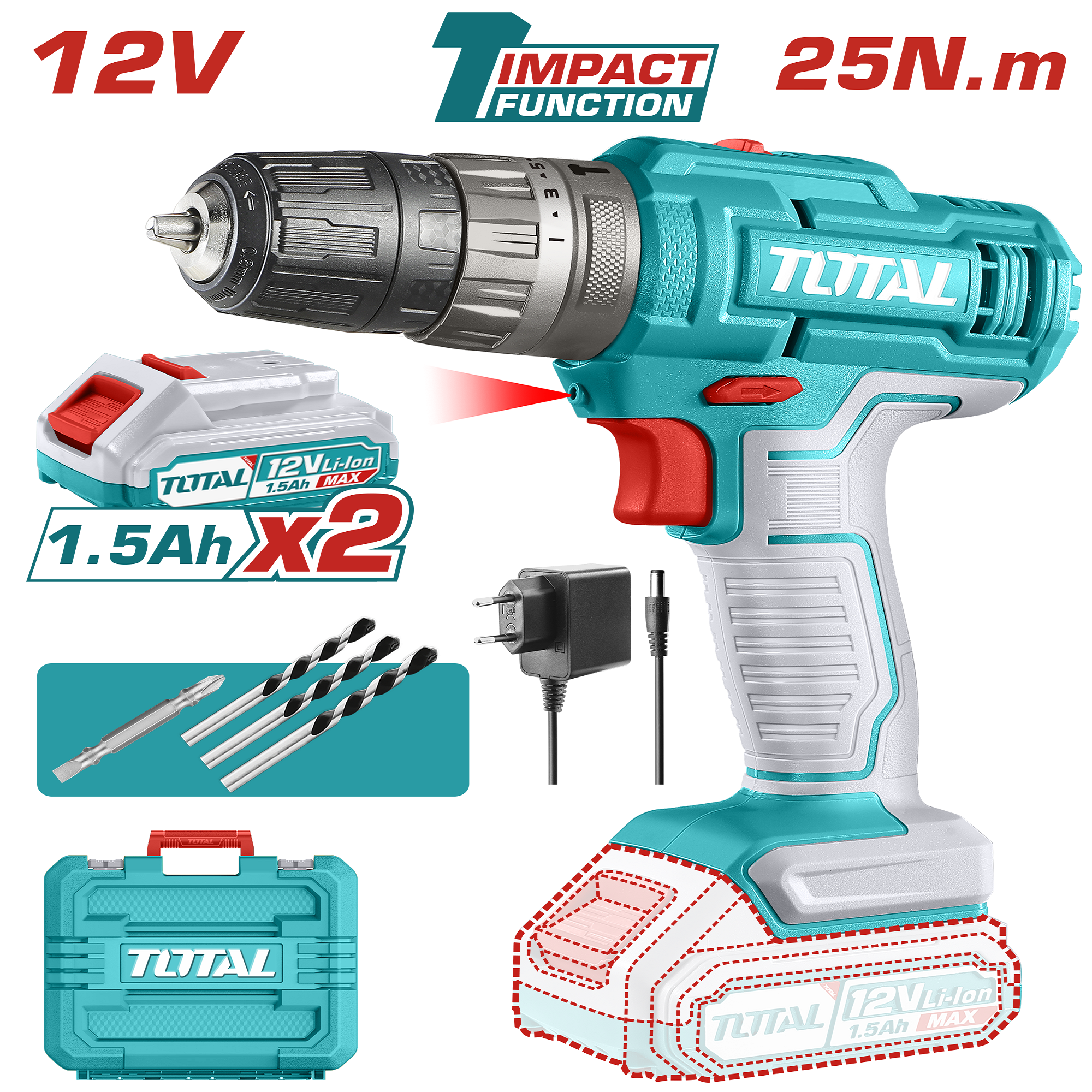 מקדחה רוטטת 12V 25Nm TIDLI1228 TOTAL