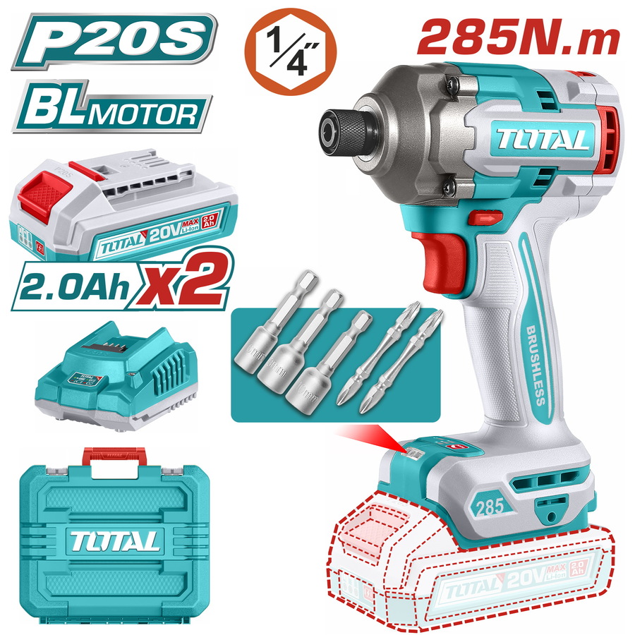 מברגה אימפקט בראשלס כולל 2 סוללות 20v