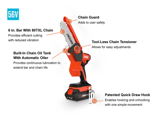 מיני מסור שרשרת נטען ECHO DHS-3006 56V עם מנוע Brushless וטכנולוגיית MAXOUT™ לחיתוך מדויק ויעיל.