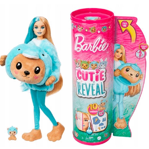 בובת ברבי סדרת Cutie עם תחפושת דב פרוותית ו 10 הפתעות וחיית מחמד