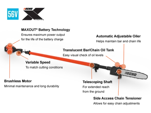 מסור גובה טלסקופי נטען ECHO DPPT-2600H 56V עם מנוע Brushless, מוט טלסקופי מתכוונן, להב ושרשרת 10 אינץ', מערכת שימון אוטומטית וטכנולוגיית MAXOUT® לעבודה מקצועית בגובה