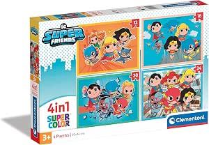 מארז 4 ב-1 של גיבורי-העל מבית Clementoni (סדרת DC Super Friends), הכולל ארבעה פאזלים ברמות קושי עולות של 12, 16, 20 ו-24 חלקים
