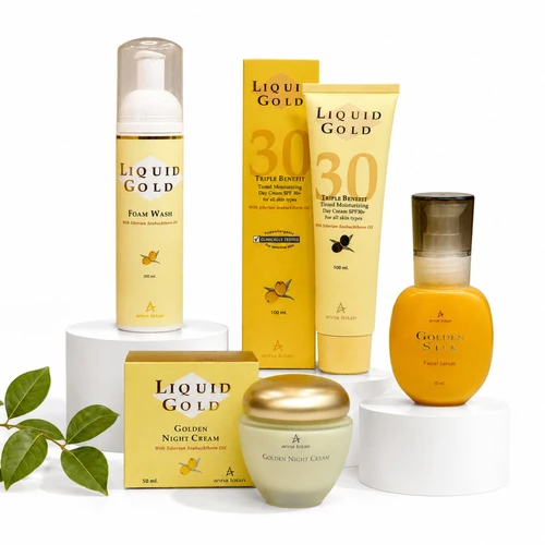 ערכת טיפוח מסדרת Liquid Gold של אנה לוטן הכוללת 4 מוצרים לטיפול בסימני גיל, מיצוק והזנת עור הפנים