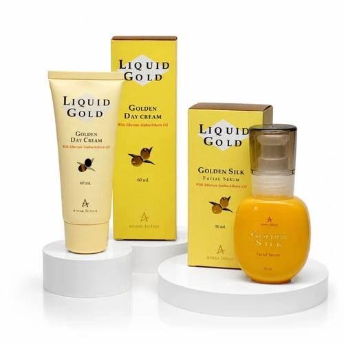 ערכת טיפוח מסדרת Liquid Gold של אנה לוטן הכוללת 2 מוצרים להזנה מיידית של עור יבש ולהענקת לחות עמוקה