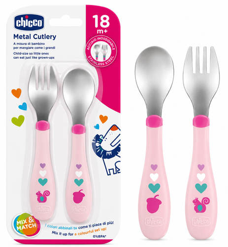כפית ומזלג נירוסטה פנסי ורוד Chicco