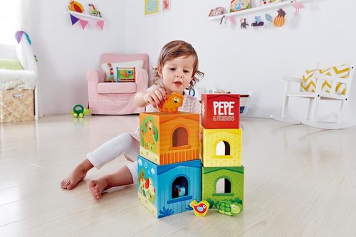 מגדל קוביות + חיות עץ צבעוניות 