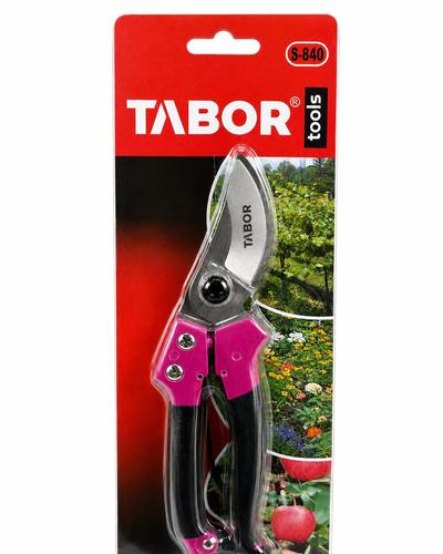 מזמרת גיזום TABOR דגם S-840 עם ידיות ורודות ושחורות באריזה מקורית.