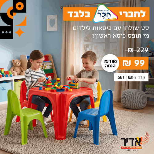 סט מיוחד הכולל שולחן וארבעה כסאות צבעוניים לילדים ולפעוטות באריזת מתנה צבעונית ויפה
