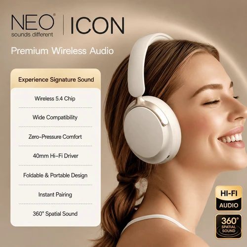  אוזניות קשת אלחוטיות (Over‑Ear) NEO ICON בז' 