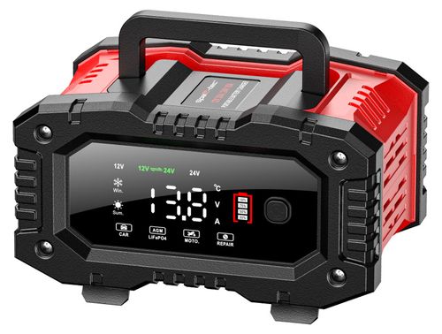 מטען מצברים אוטומטי 12V/24V ‏20A עם תצוגה דיגיטלית על רקע לבן