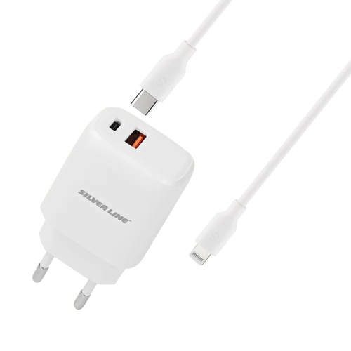 מטען קיר מהיר PD20W + QC3.0 18W בצבע לבן מבית SILVER LINE