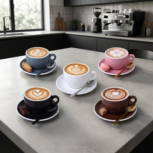 סט 6 כוסות קפוצ'ינו + 6 צלוחיות | פורצלן | Barista Crema  