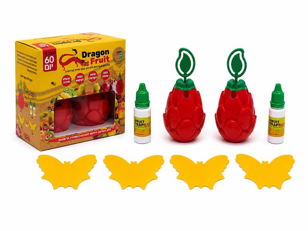 מלכודת לזבובי פירות Dragon Fruit – ערכה כפולה עם פיתיון ולוחות דבק