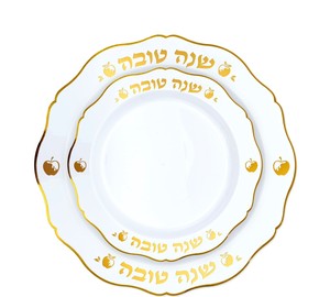 מארז סט צלחות פלסטיק דגם ליסה קשיחות - לבן וכיתוב זהב