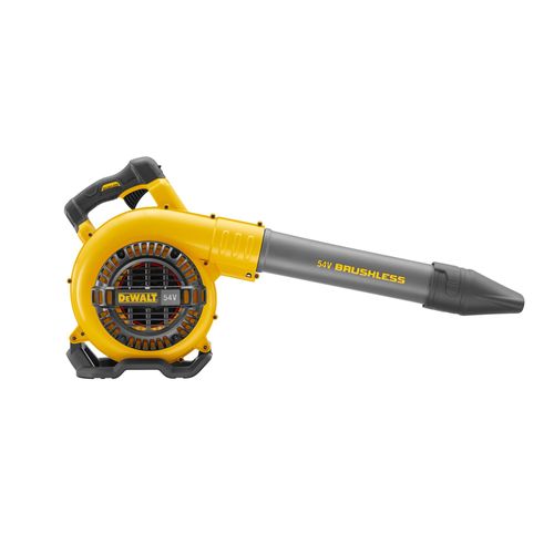 מפוח יד נטען DEWALT DCM572 54V FlexVolt גוף בלבד - גוף צהוב שחור עם צינור מעוקל ונחיר מרכז לפינוי עלים ואבק משבילים
