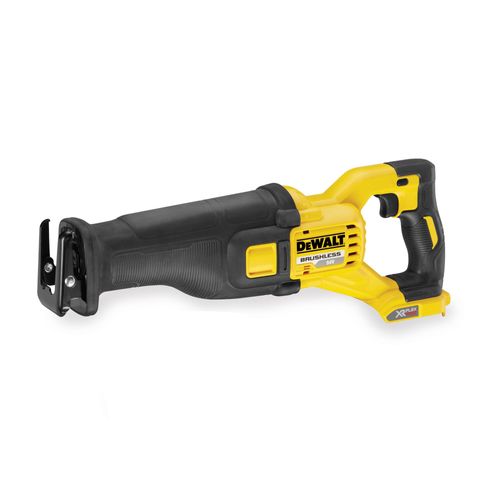 מסור חרב נטען DEWALT DCS388N 54V FlexVolt גוף בלבד - גוף צהוב שחור עם נעל בסיס מתכווננת ומנגנון החלפת להב מהיר לפירוק וחיתוך