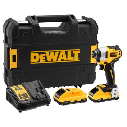 מברגת אימפקט נטענת DEWALT DCF809L2T 18V XR - גוף קצר צהוב שחור עם טבעת תאורת LED, שתי סוללות 3 אמפר ומזוודת TSTAK
