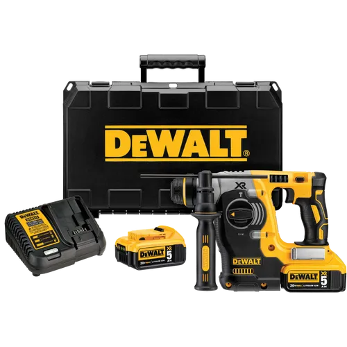 פטישון נטען DEWALT DCH273P2 18V XR - גוף L צהוב שחור עם תפסן SDS-Plus, ידית צד, שתי סוללות 5 אמפר ומזוודת נשיאה