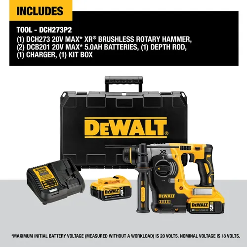 פטישון נטען DEWALT DCH273P2 18V XR - גוף L צהוב שחור עם תפסן SDS-Plus, ידית צד, שתי סוללות 5 אמפר ומזוודת נשיאה