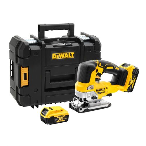 מסור אנכי נטען DEWALT DCS334P2 18V XR - גוף צהוב שחור עם בסיס מתכוונן, מנגנון החלפת להב מהיר ושתי סוללות 5 אמפר