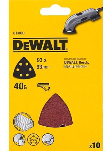 ניירות לטש משולשים DEWALT DT3090 גרעין 40 - סט 10 יחידות במידות 93x93 מ