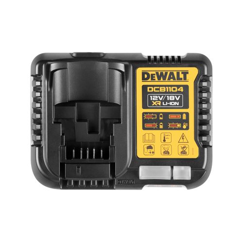 מטען סוללות DEWALT DCB1104 XR 4 אמפר - מטען קומפקטי לסוללות 12V ו-18V עם חיווי מצב טעינה ונורת אבחון