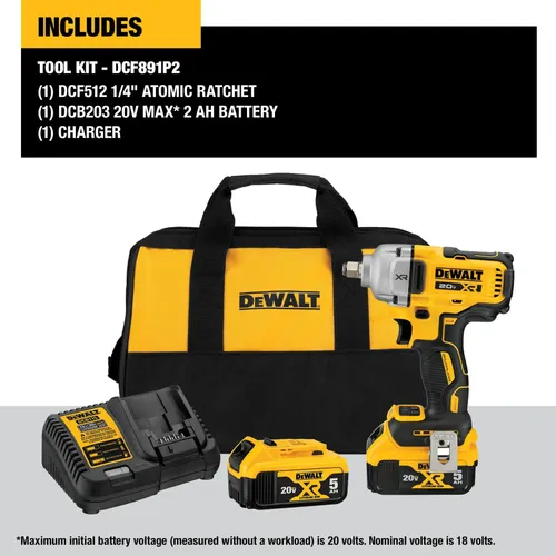 מפתח בוקסות נטען DEWALT DCF891P2 18V XR Mid Torque - ערכה עם שתי סוללות 5 אמפר, מטען ומזוודת נשיאה