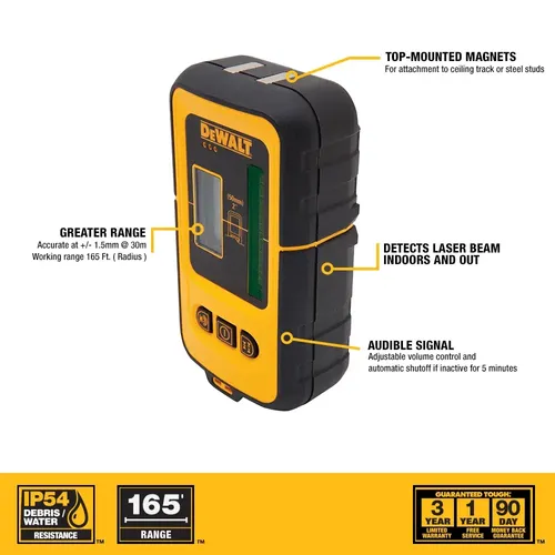 קולט קרן לייזר ירוק DEWALT DE0892G - קולט עם מסך LCD כפול, חיווי קולי, מגנטים ומלחציים למוט מדידה