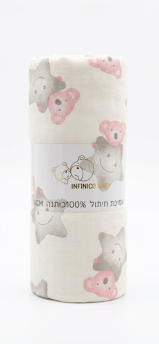 שמיכת קיץ קלה ואיכותית 100% כותנה אינפיניקו גודל 100X70 - דב ורוד על כוכב